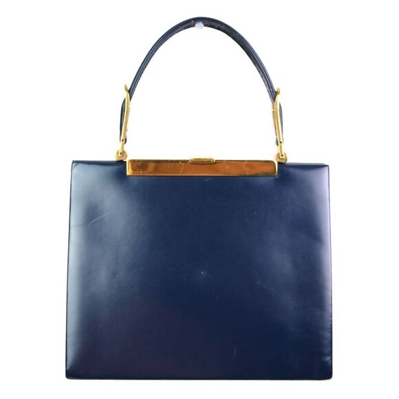 VINTAGE J. W Robinson & Co LA NAVY BLUE LEATHER FRAME HANDBAG SATCHEL POCKETBOOK - Picture 2 of 16